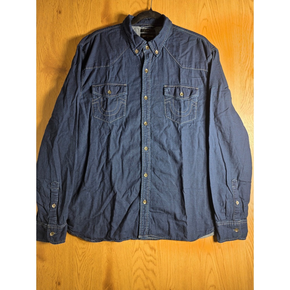 True Religion Mens Shirt 2XL Slim Fit Long Sleeve Western Navy Blue Denim Style